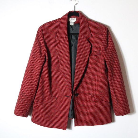 Vintage Jackets & Blazers - Vintage Red Houndstooth Over sized Wool Blazer Size 14